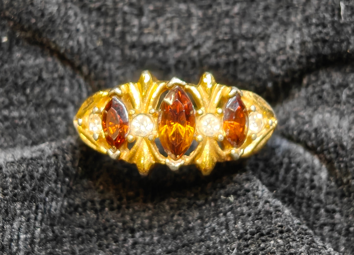 Vintage Coctail Ring with 3 Honey Colored Settings and 4 Austrian Crystals - Avon Ring
