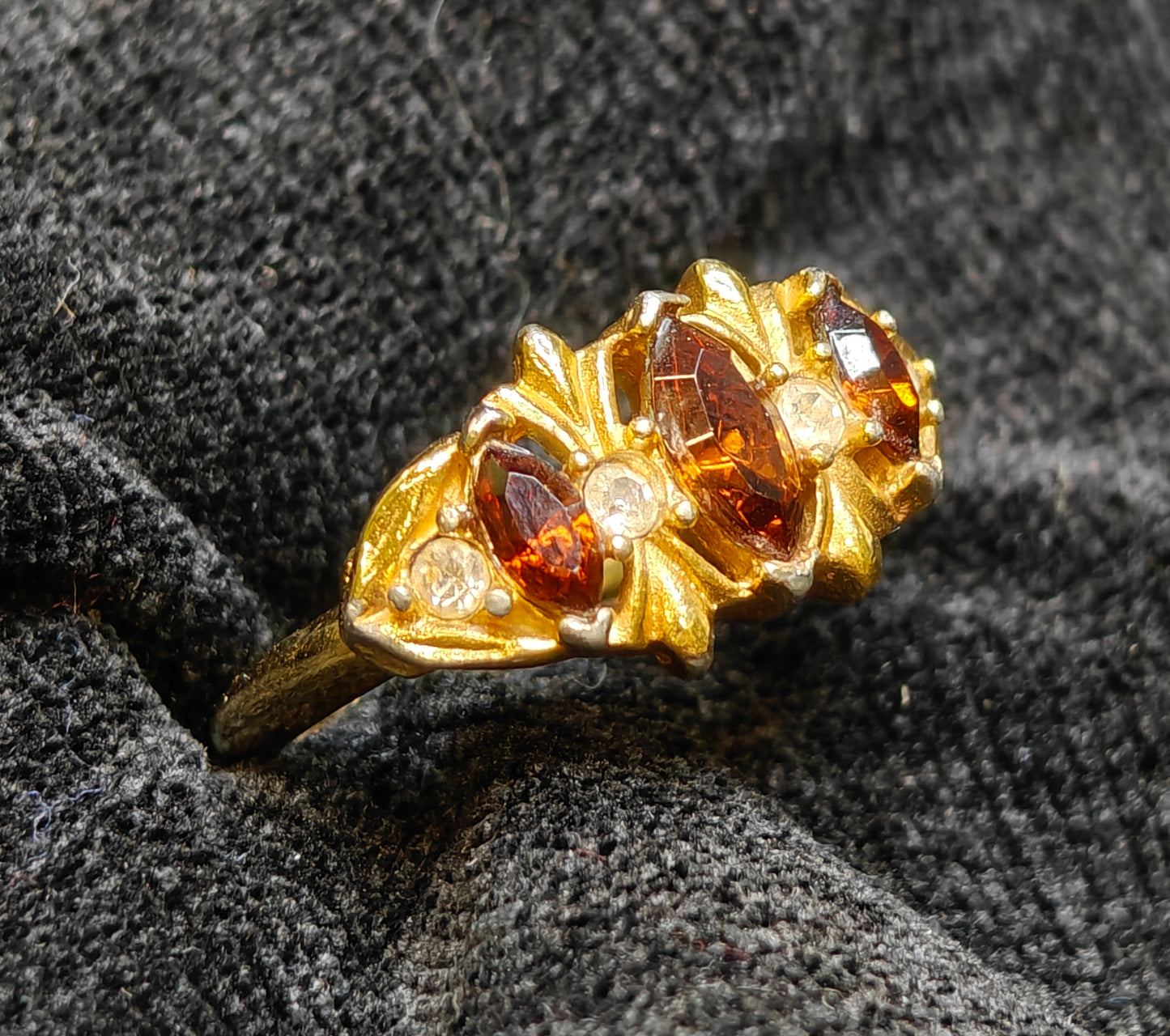 Vintage Coctail Ring with 3 Honey Colored Settings and 4 Austrian Crystals - Avon Ring