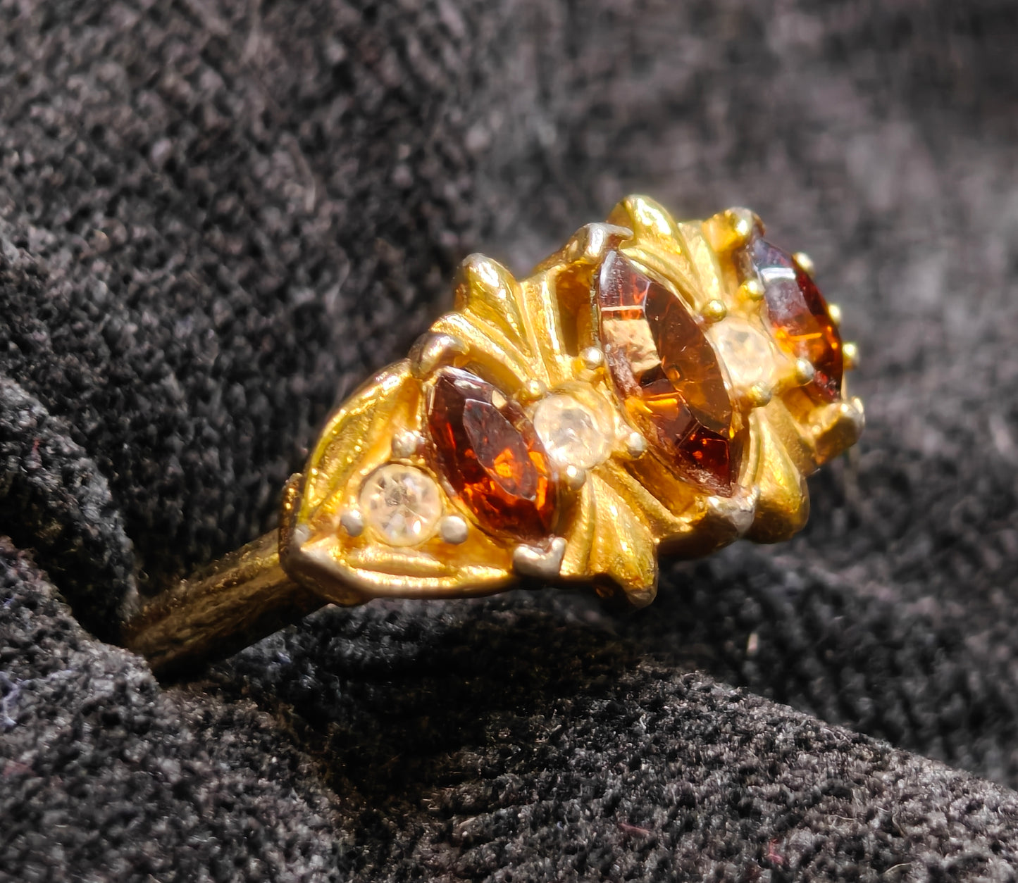 Vintage Coctail Ring with 3 Honey Colored Settings and 4 Austrian Crystals - Avon Ring