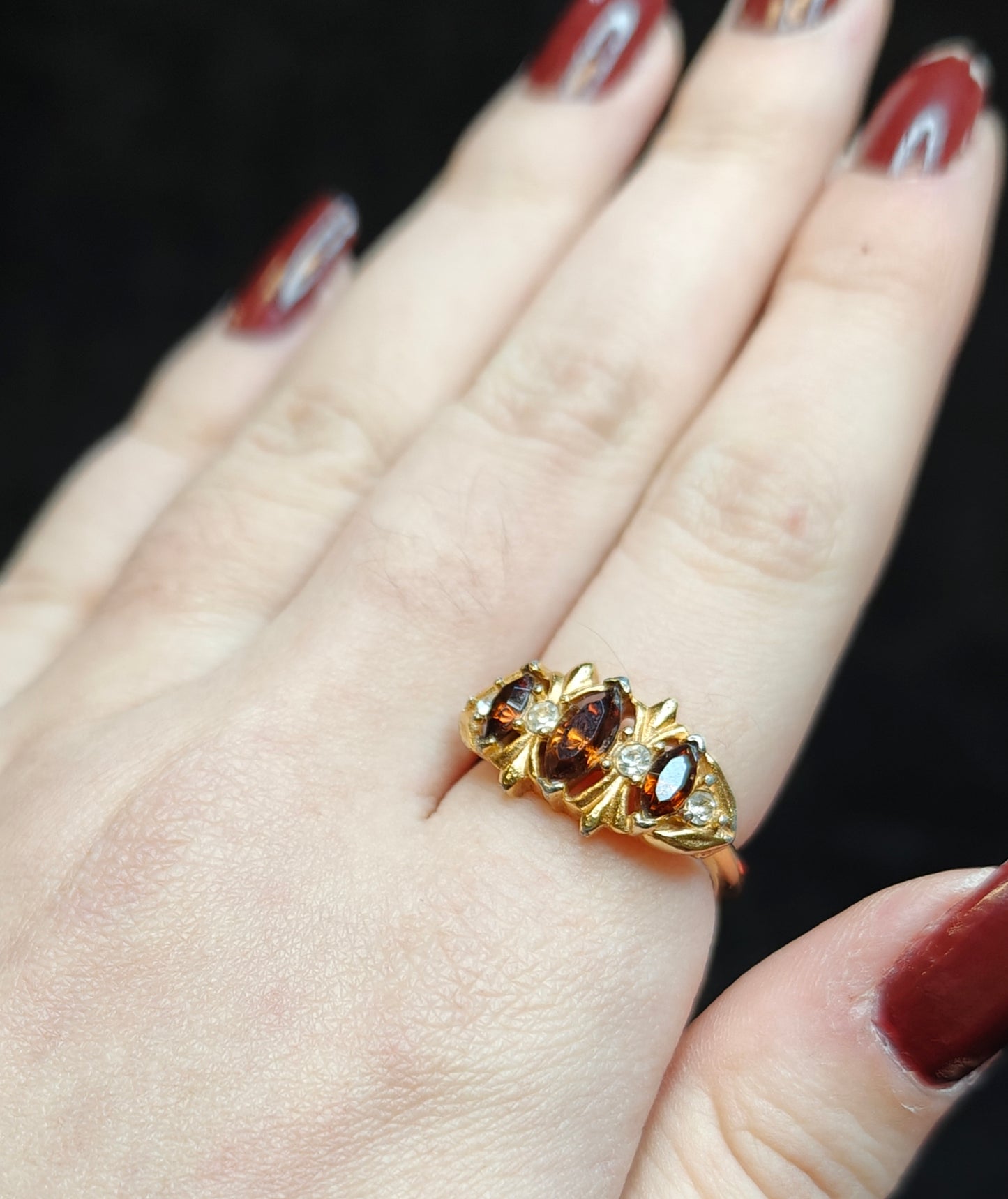 Vintage Coctail Ring with 3 Honey Colored Settings and 4 Austrian Crystals - Avon Ring