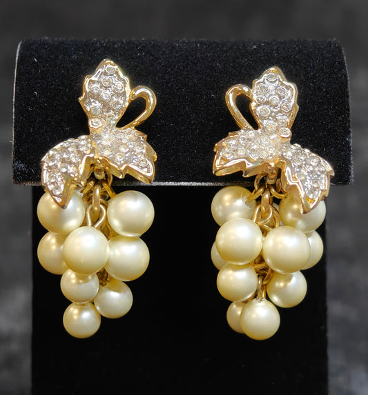 Fabulous Pearl and Crystal Vintage Clip-on Dangle Earrings - Grape and Leaf Design