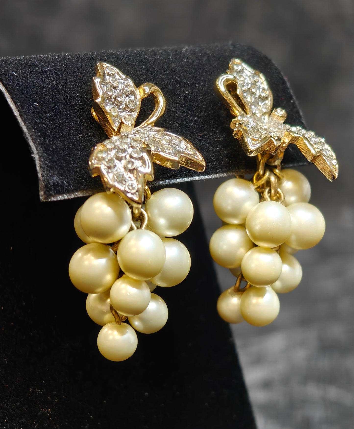 Fabulous Pearl and Crystal Vintage Clip-on Dangle Earrings - Grape and Leaf Design