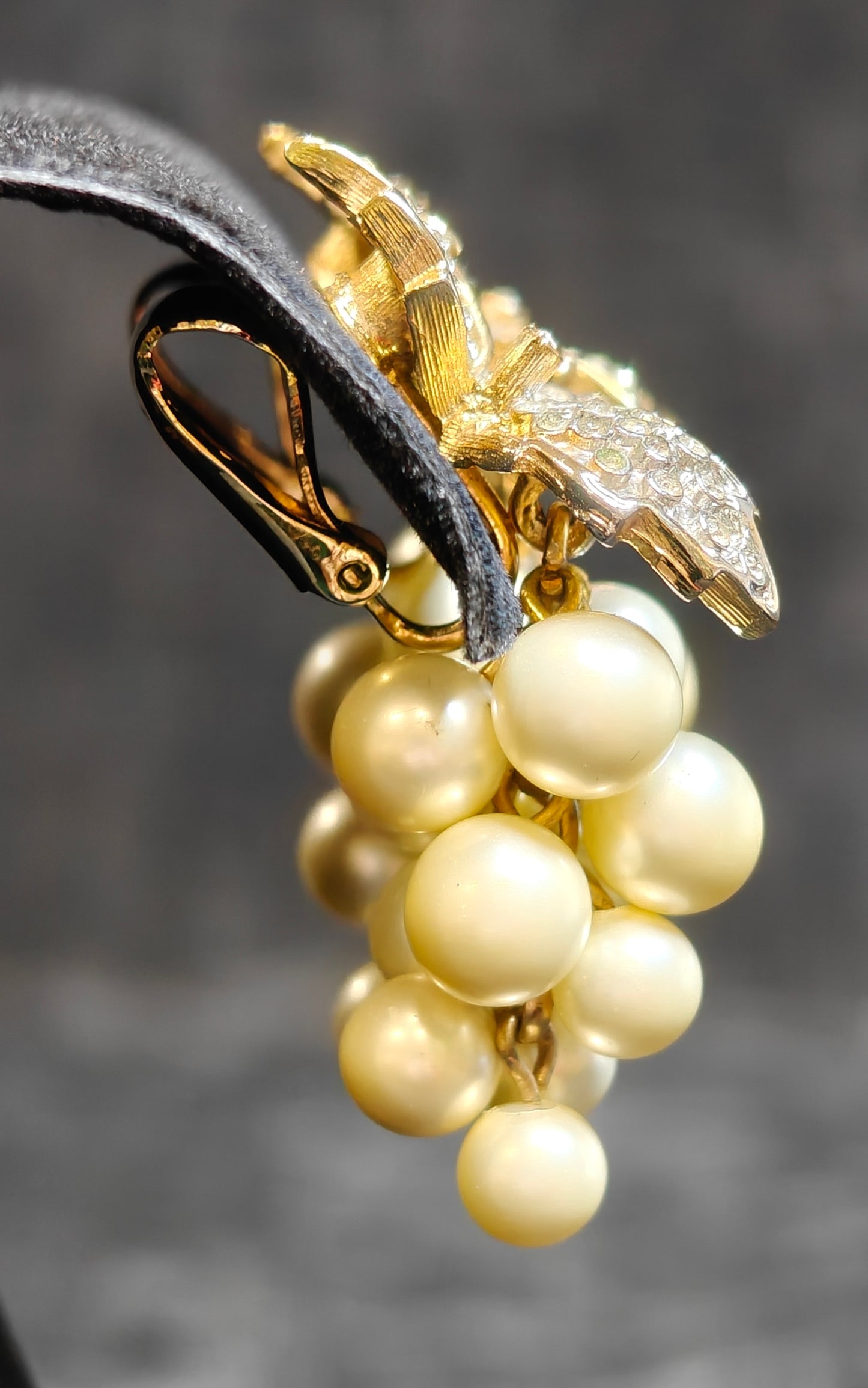 Fabulous Pearl and Crystal Vintage Clip-on Dangle Earrings - Grape and Leaf Design