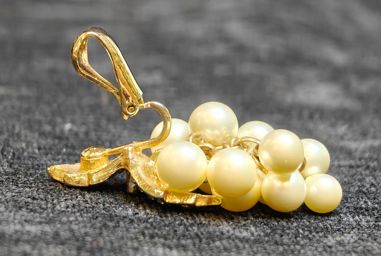 Fabulous Pearl and Crystal Vintage Clip-on Dangle Earrings - Grape and Leaf Design