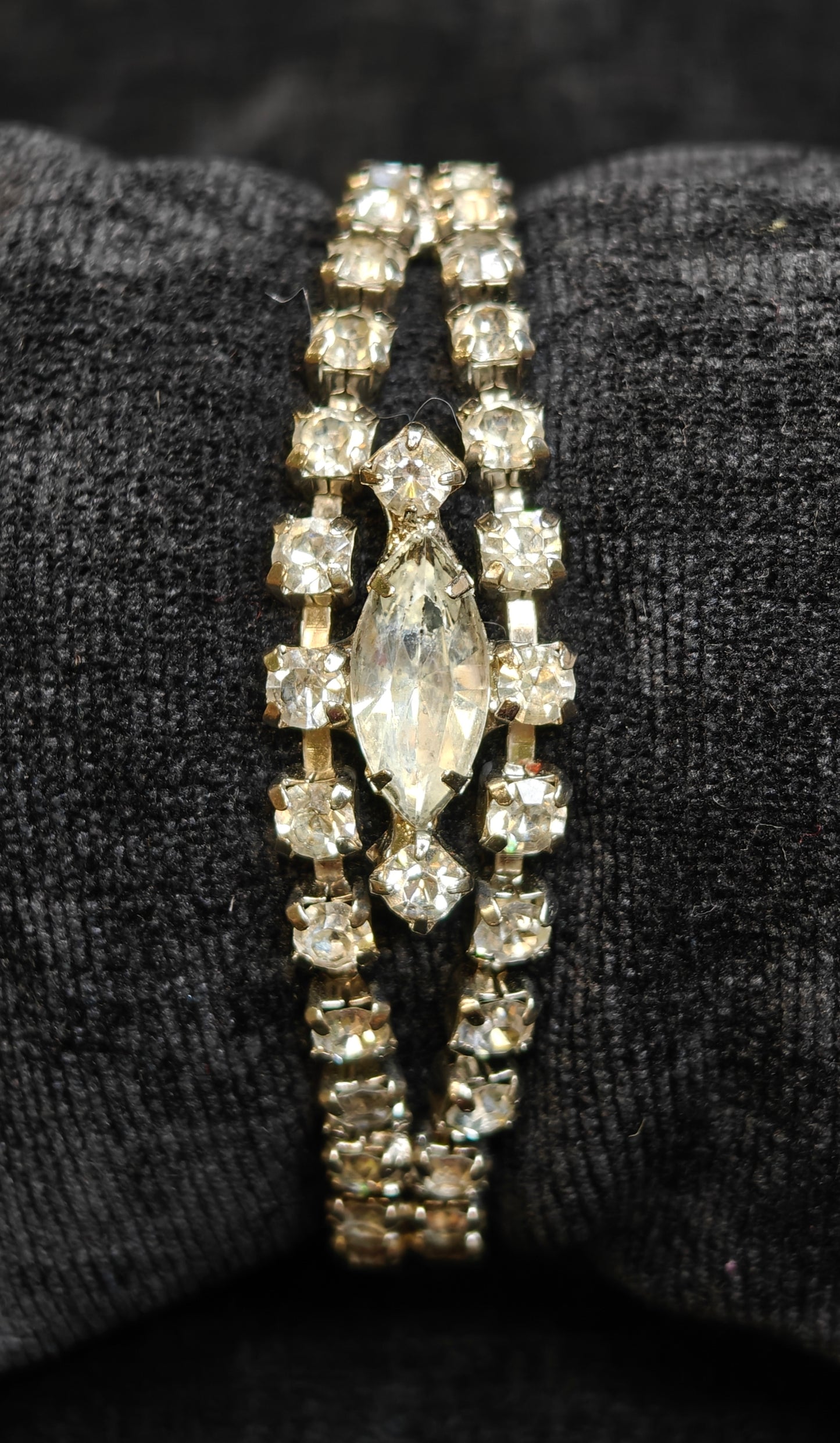 Double Strand Crystal Rhinestone Bracelet With Large Diamond Shaped Center - Vintage 1950s - Great Bridal Jewelry