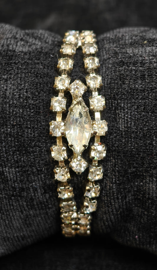 Double Strand Crystal Rhinestone Bracelet With Large Diamond Shaped Center - Vintage 1950s - Great Bridal Jewelry