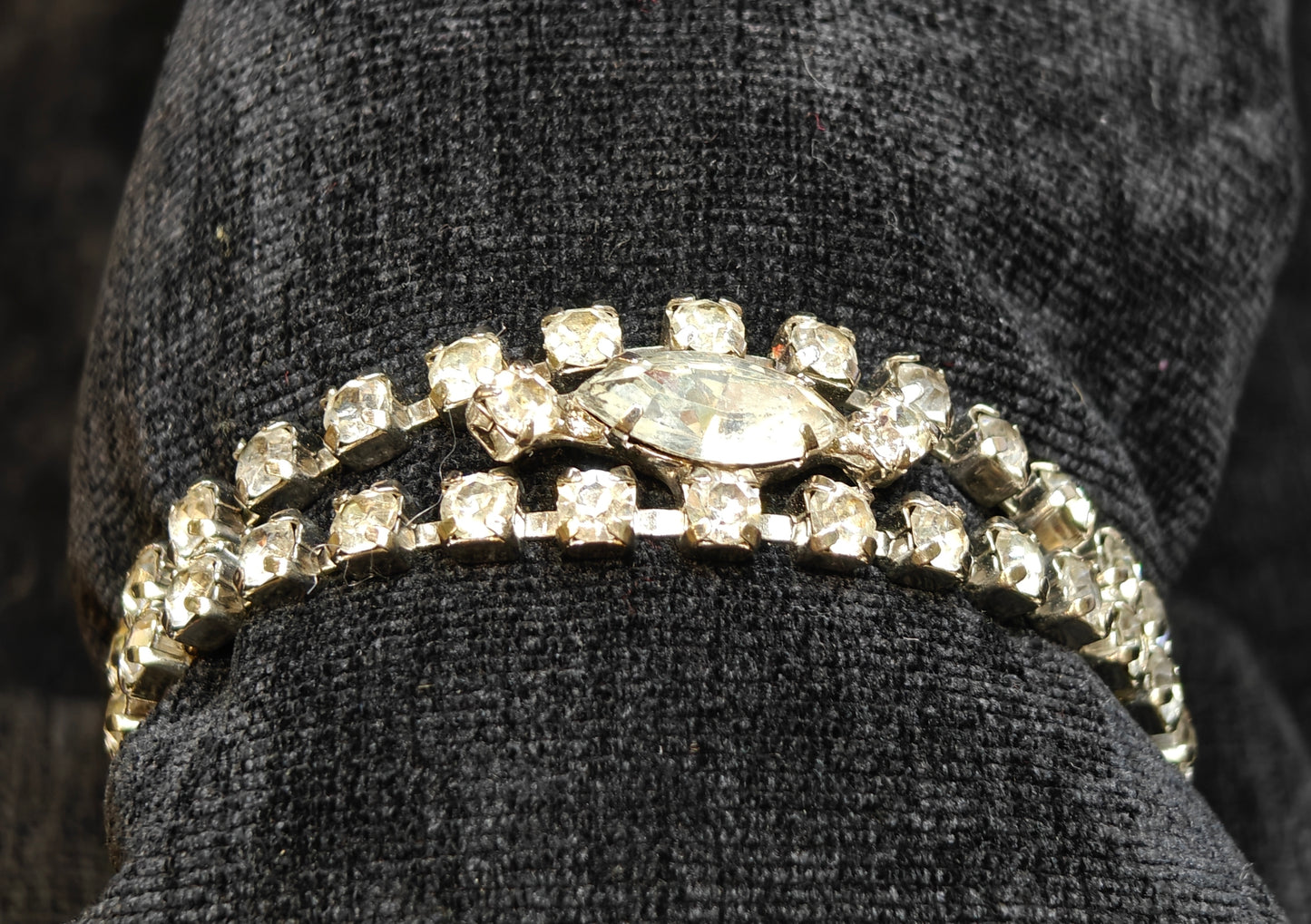 Double Strand Crystal Rhinestone Bracelet With Large Diamond Shaped Center - Vintage 1950s - Great Bridal Jewelry