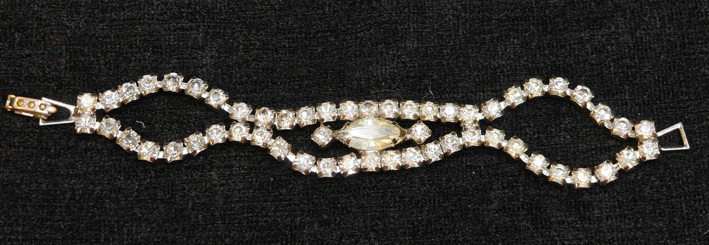 Double Strand Crystal Rhinestone Bracelet With Large Diamond Shaped Center - Vintage 1950s - Great Bridal Jewelry