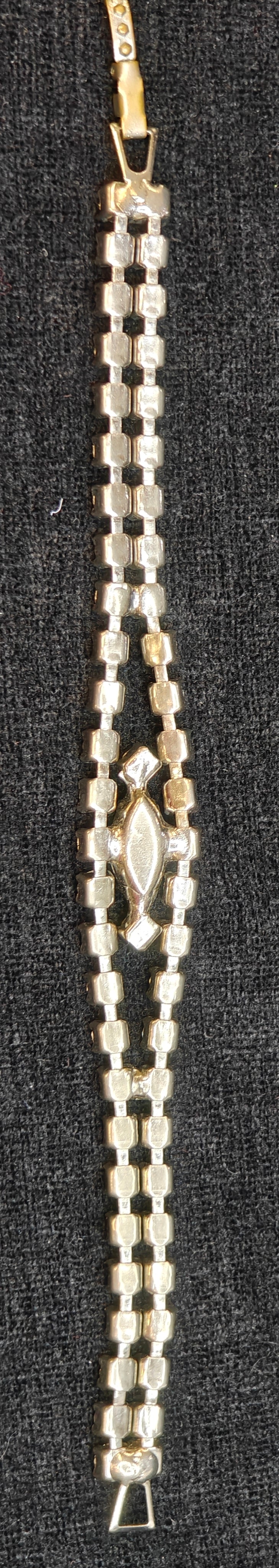 Double Strand Crystal Rhinestone Bracelet With Large Diamond Shaped Center - Vintage 1950s - Great Bridal Jewelry