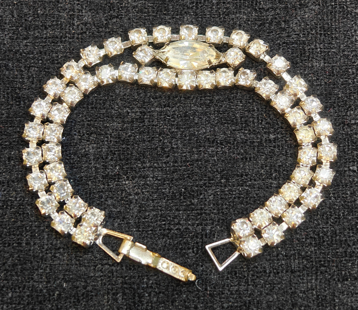 Double Strand Crystal Rhinestone Bracelet With Large Diamond Shaped Center - Vintage 1950s - Great Bridal Jewelry