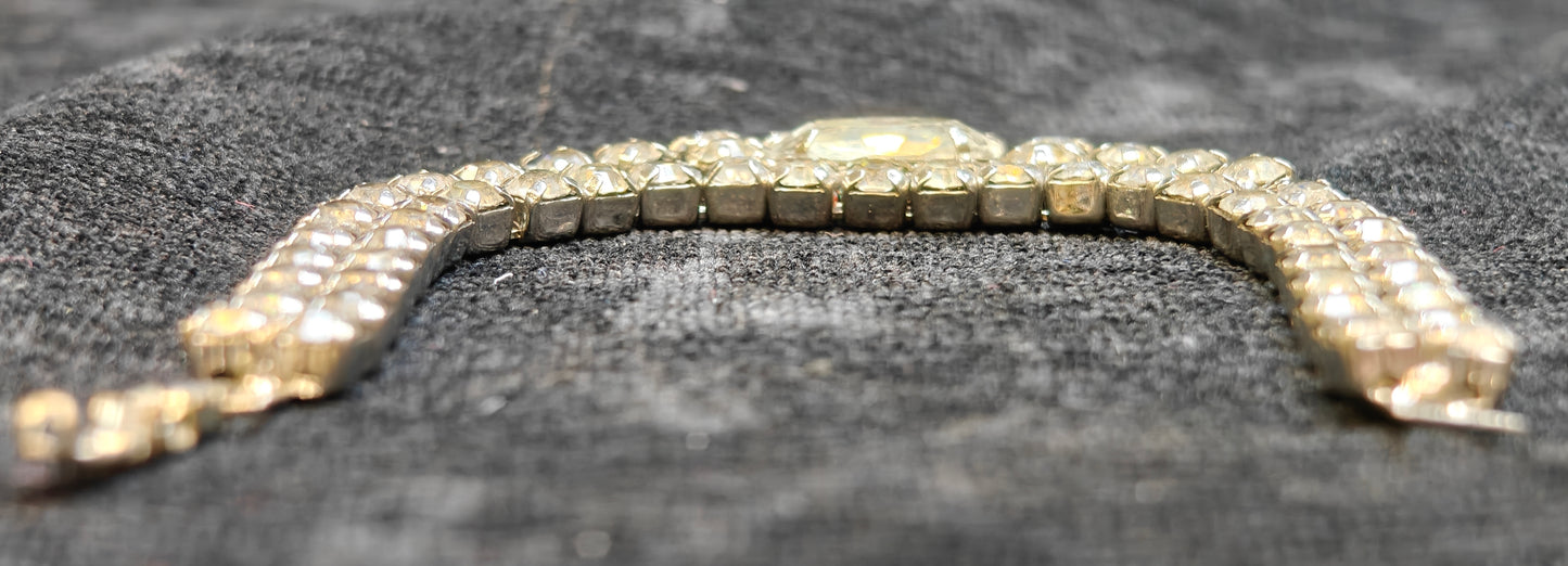 Double Strand Crystal Rhinestone Bracelet With Large Diamond Shaped Center - Vintage 1950s - Great Bridal Jewelry