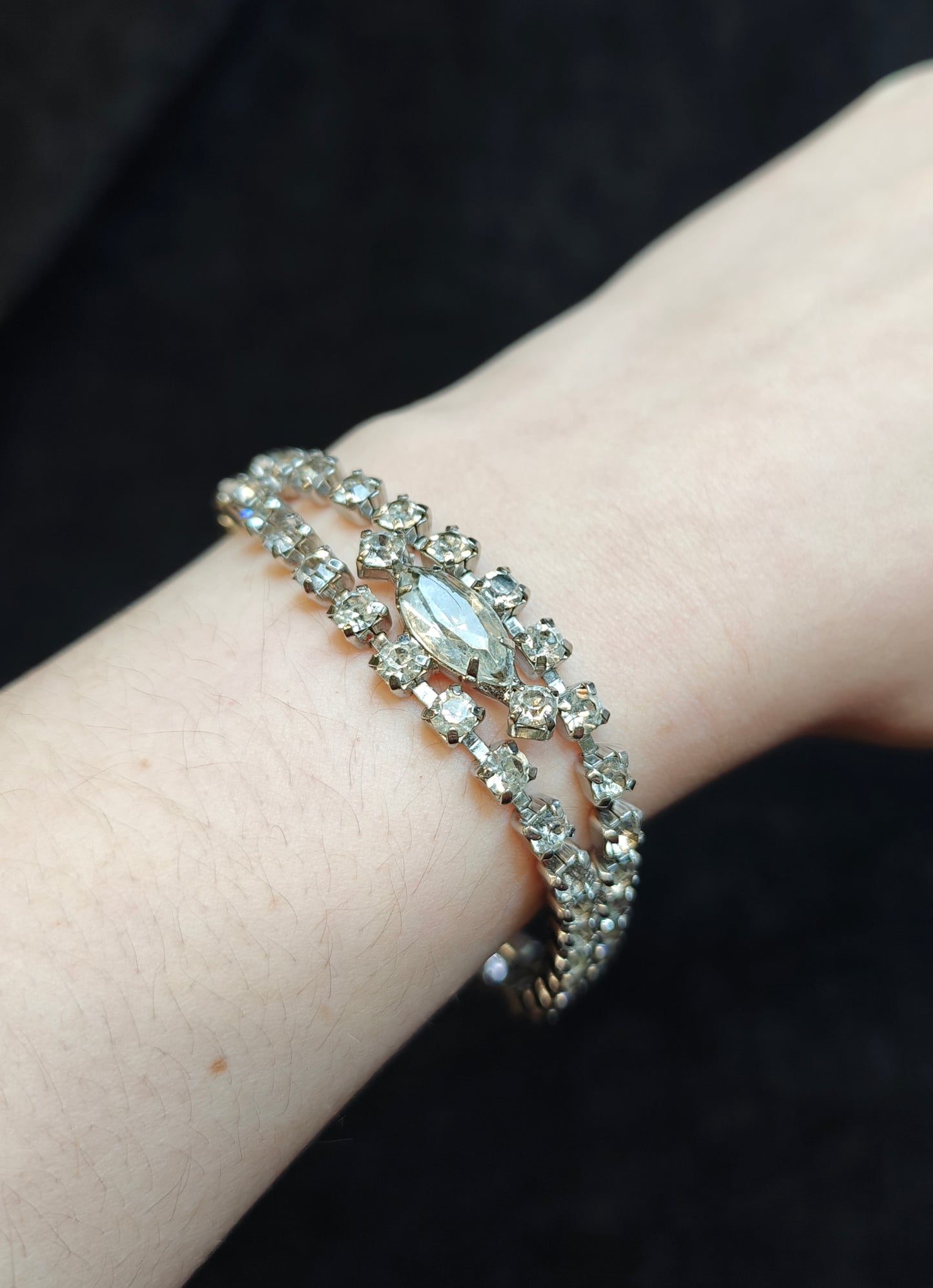 Double Strand Crystal Rhinestone Bracelet With Large Diamond Shaped Center - Vintage 1950s - Great Bridal Jewelry