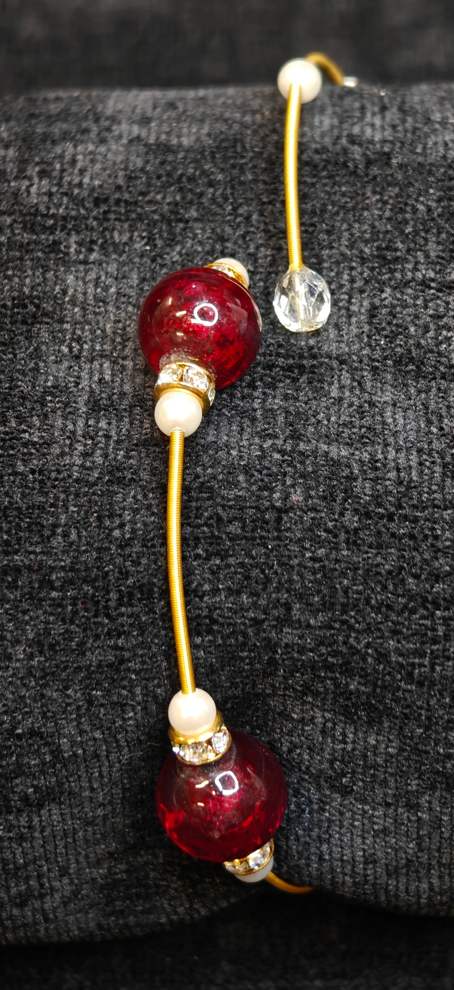 SpringGold Wrap Bracelet with Red and Crystal Beads, Pearls and Rhinestone Roundel  - Formal or Boho Style