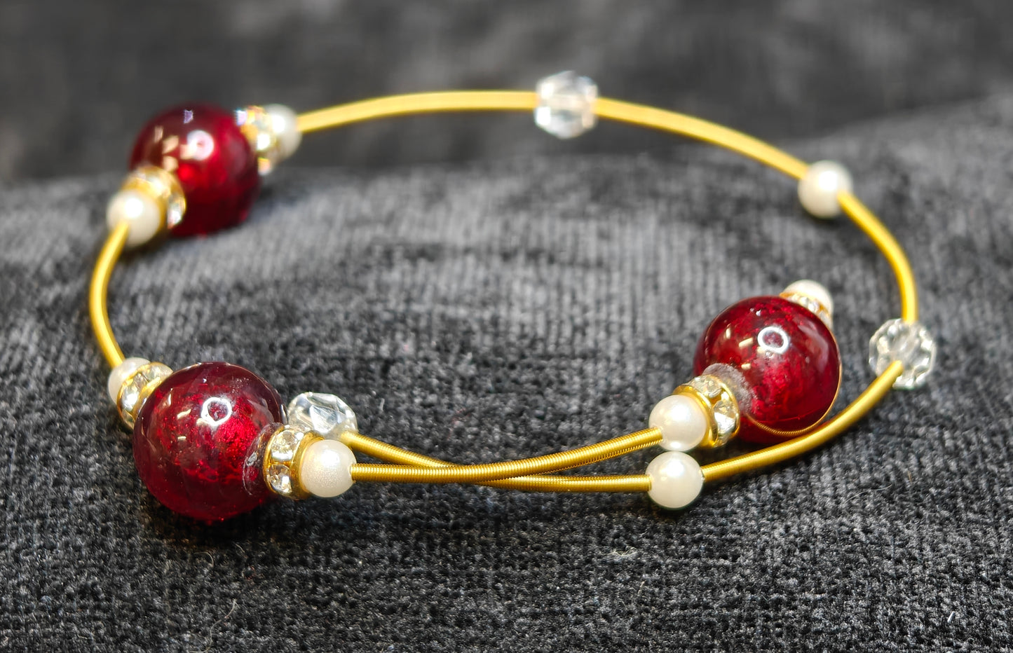 SpringGold Wrap Bracelet with Red and Crystal Beads, Pearls and Rhinestone Roundel  - Formal or Boho Style