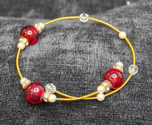 SpringGold Wrap Bracelet with Red and Crystal Beads, Pearls and Rhinestone Roundel  - Formal or Boho Style