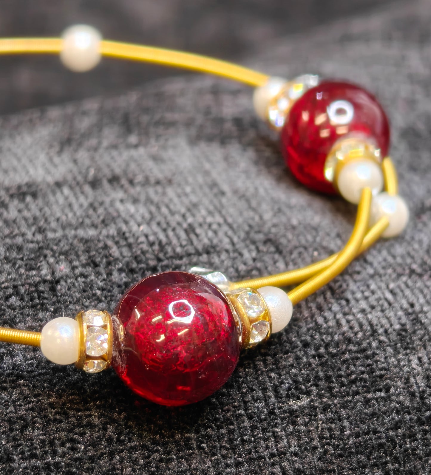 SpringGold Wrap Bracelet with Red and Crystal Beads, Pearls and Rhinestone Roundel  - Formal or Boho Style