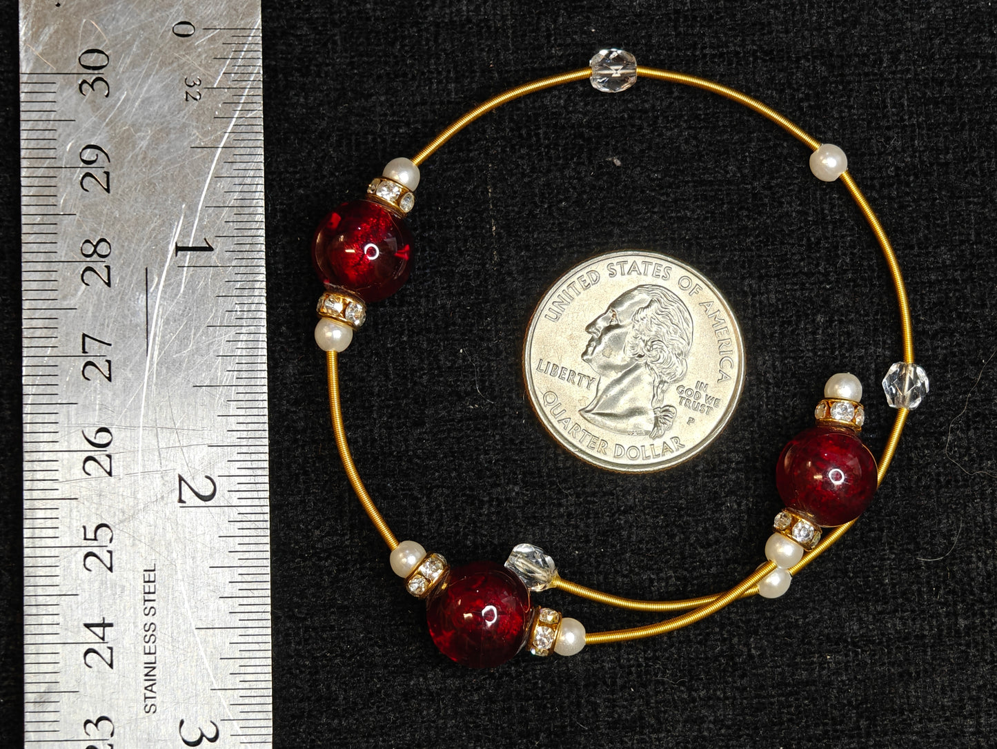 SpringGold Wrap Bracelet with Red and Crystal Beads, Pearls and Rhinestone Roundel  - Formal or Boho Style