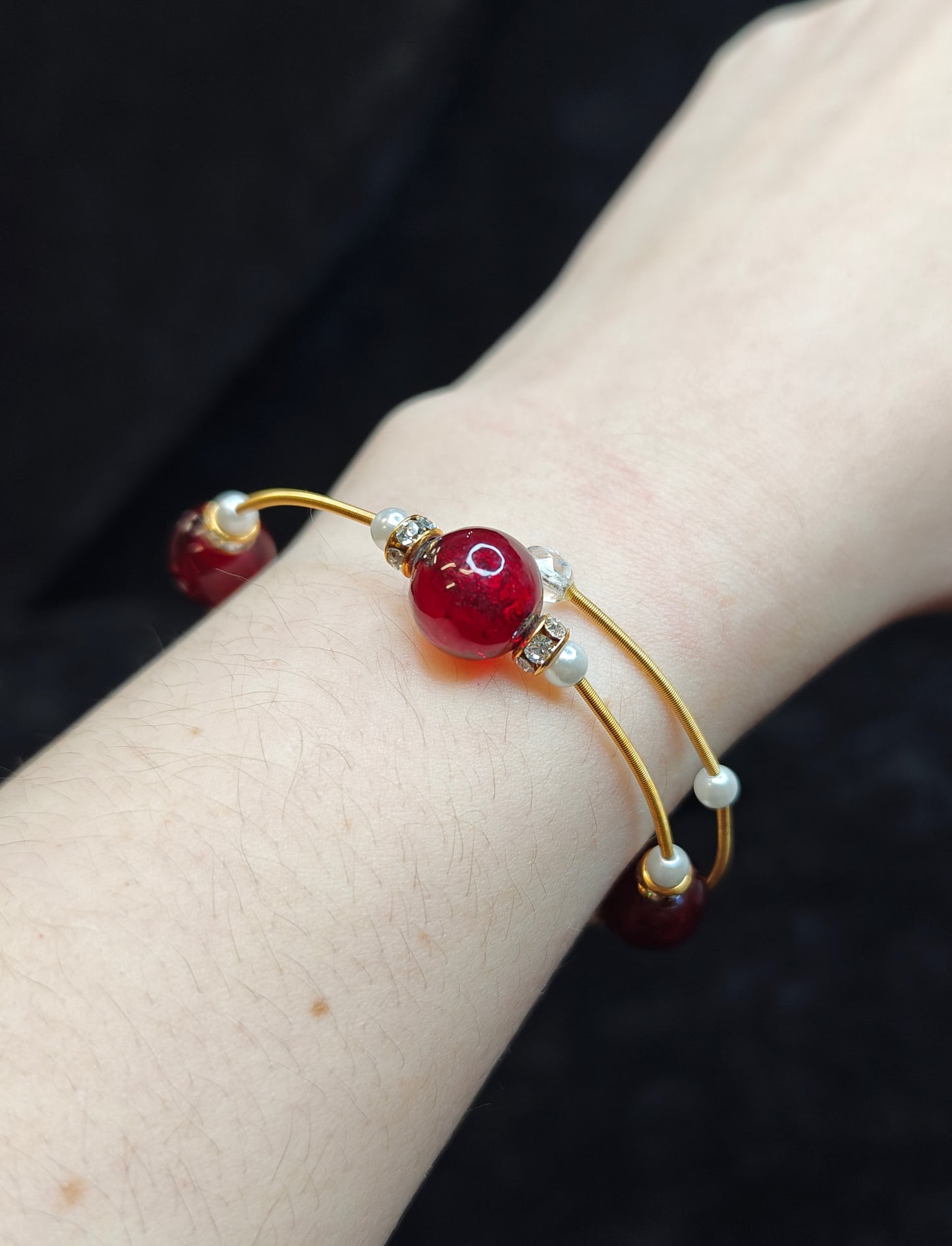 SpringGold Wrap Bracelet with Red and Crystal Beads, Pearls and Rhinestone Roundel  - Formal or Boho Style