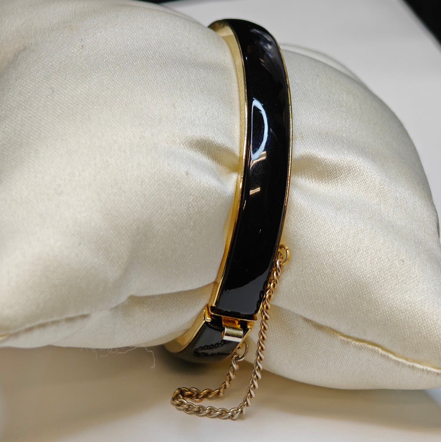 Hinged Bangle Bracelet in Black Enamel and Gold with Safety Chain