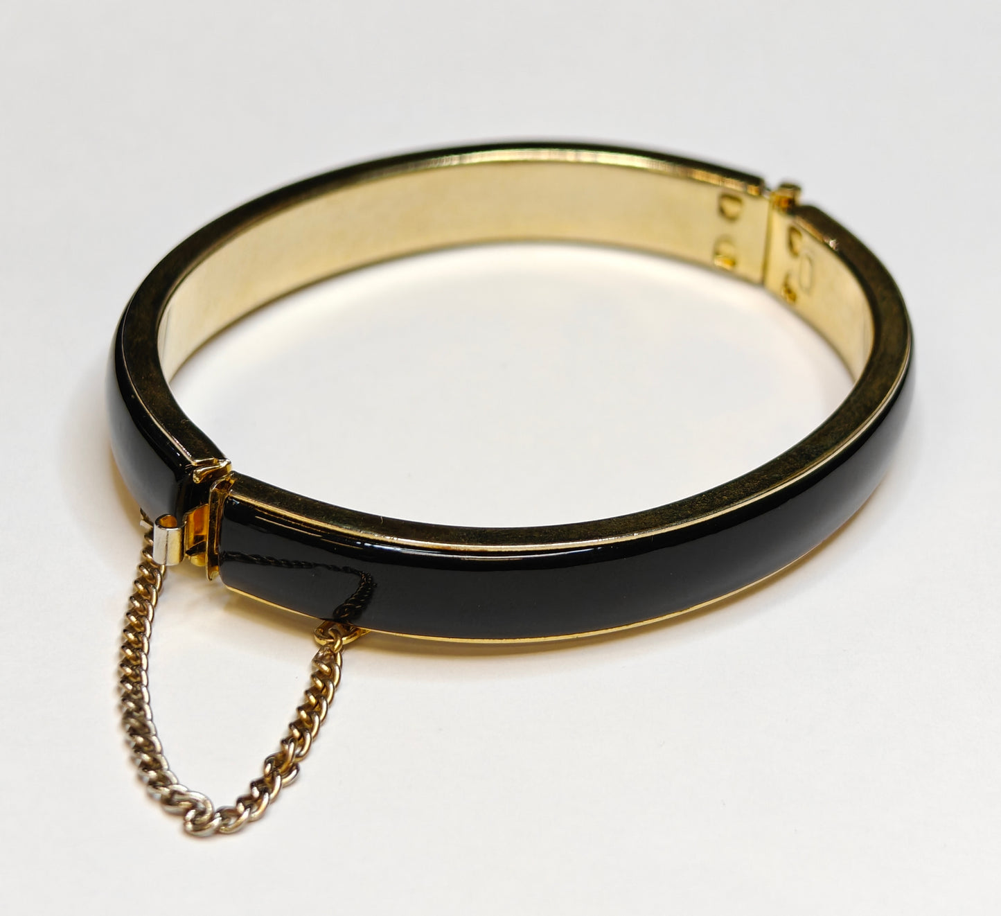 Hinged Bangle Bracelet in Black Enamel and Gold with Safety Chain