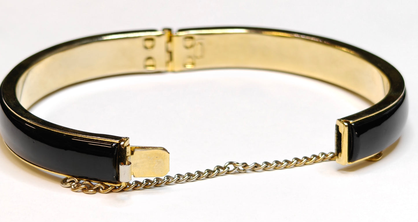 Hinged Bangle Bracelet in Black Enamel and Gold with Safety Chain