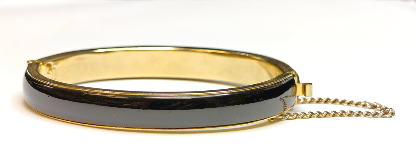 Hinged Bangle Bracelet in Black Enamel and Gold with Safety Chain