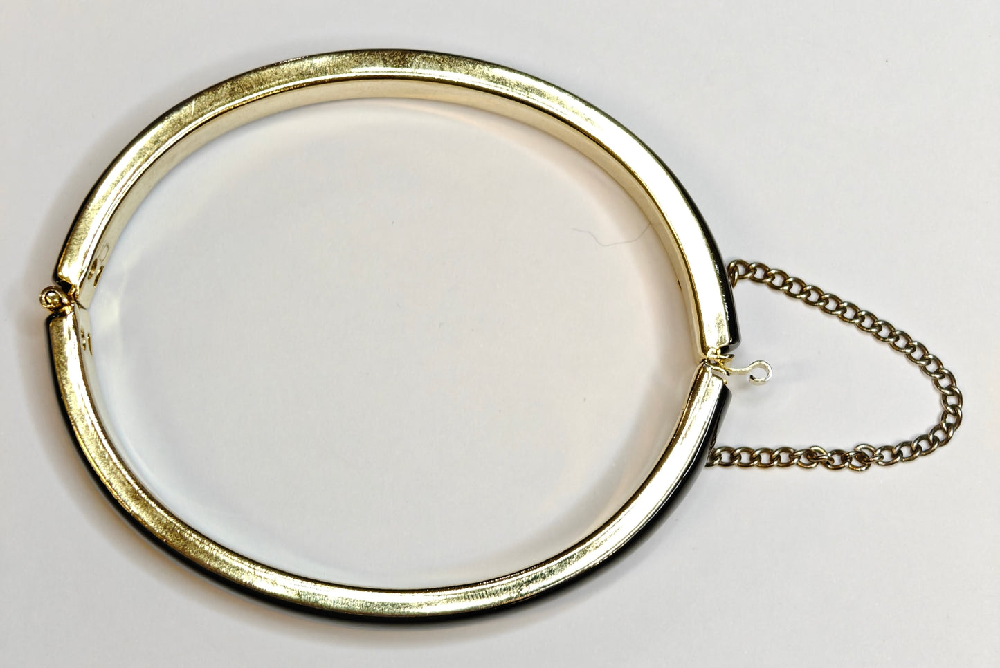 Hinged Bangle Bracelet in Black Enamel and Gold with Safety Chain