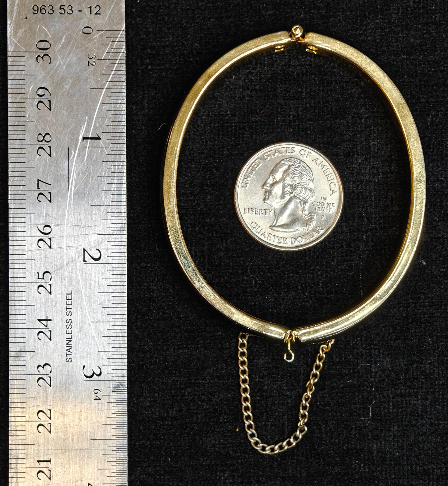 Hinged Bangle Bracelet in Black Enamel and Gold with Safety Chain