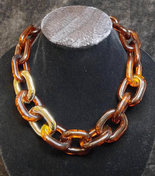 Oversized Tortoise Shell and Brass Chain Link Necklace - Statement Necklace