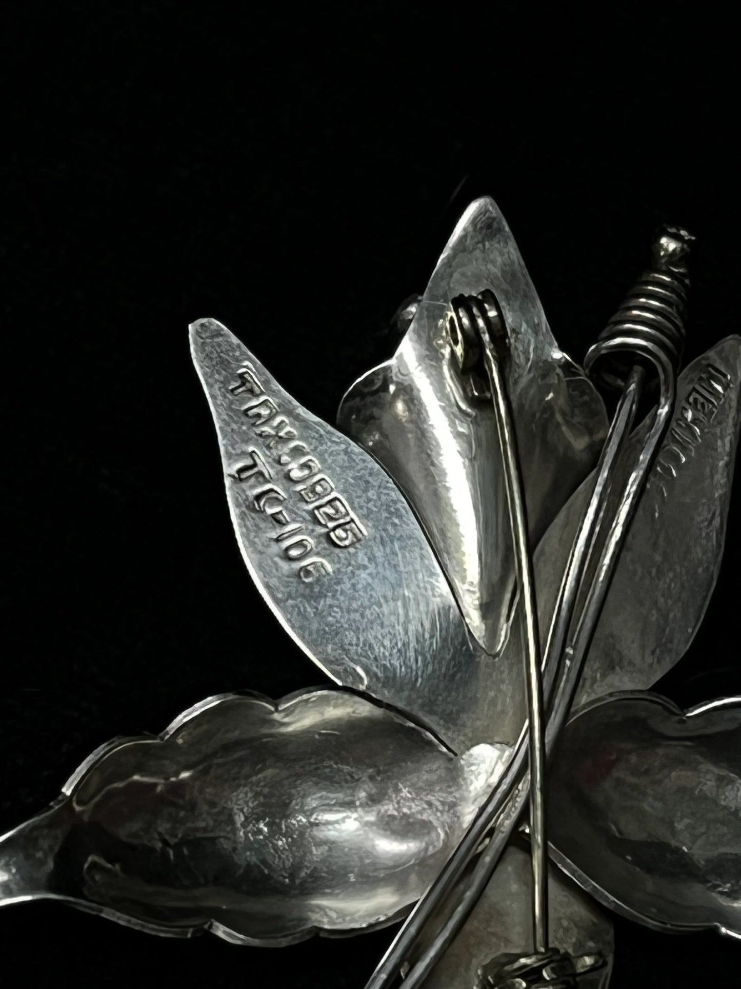 Close-up of a silver brooch with engraved details on a black background