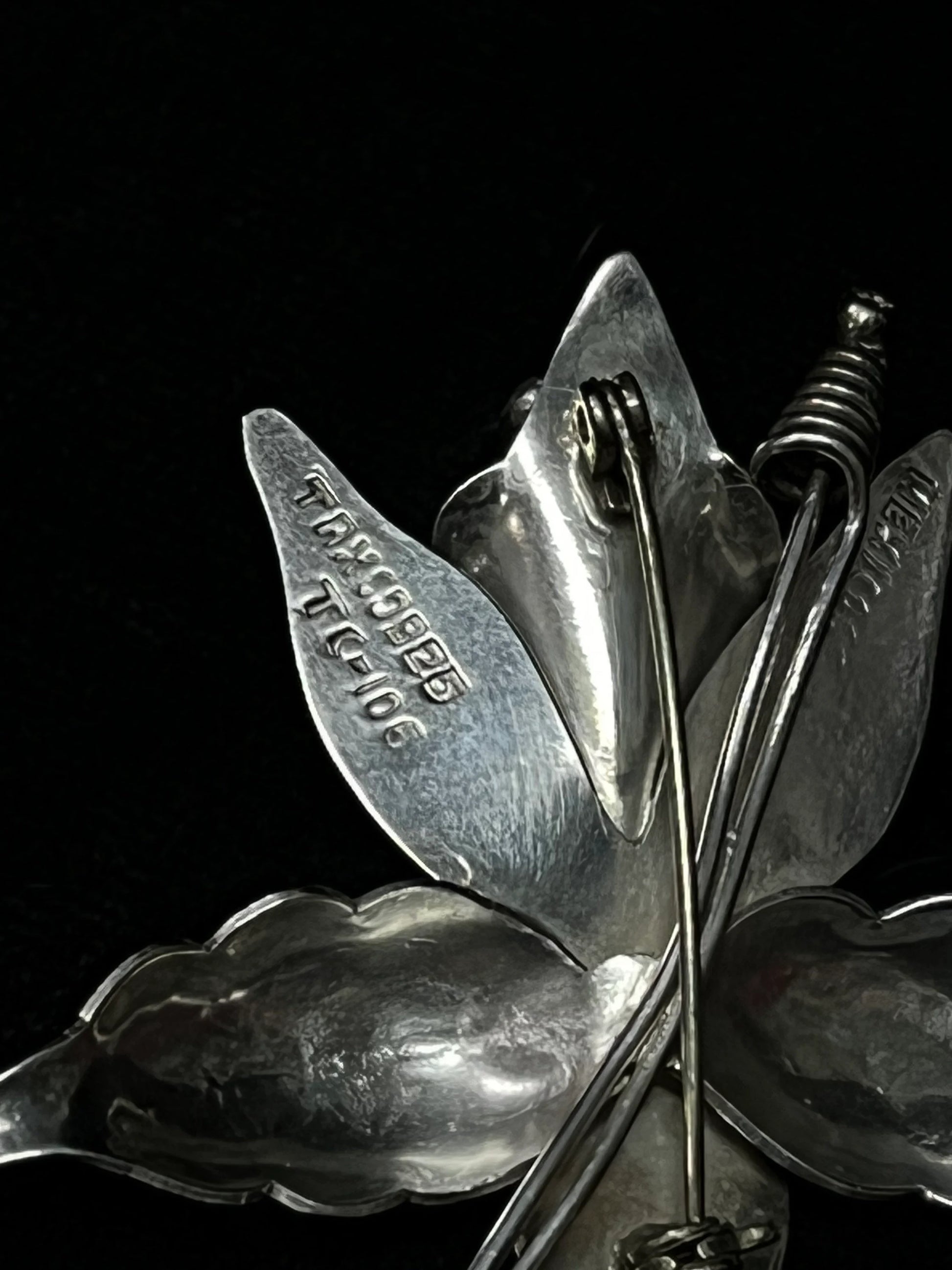 Close-up of a silver brooch with engraved details on a black background