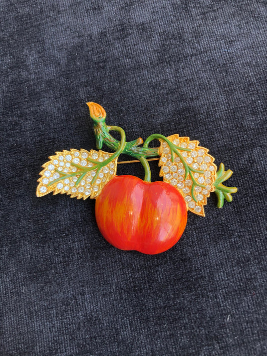Rare Weiss Enamel Apple on Branch and Rhinestone Brooch/Pin - Vintage