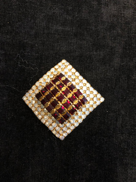 Square Pin Brooch - Red and White Crystal Pin Set in Gold tone - Large Geometric Statement Brooch - Brooch For Men or Women