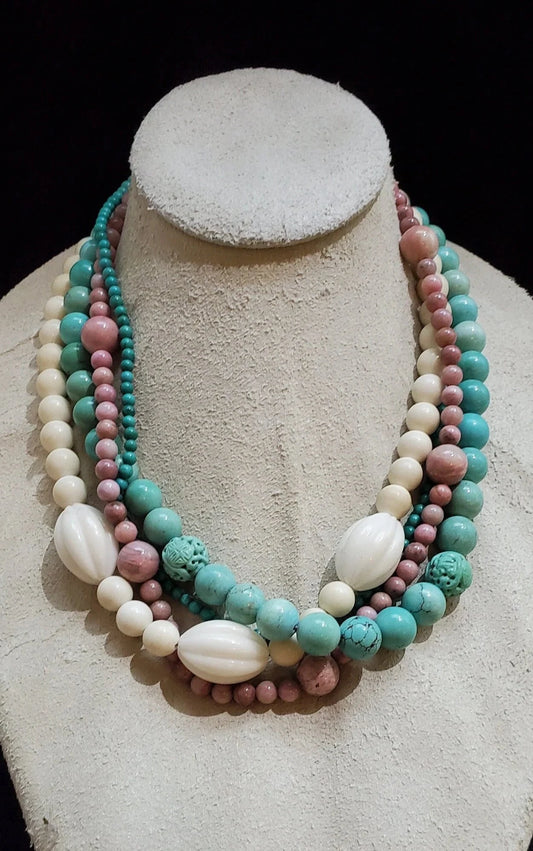 Alice Kuo Chunky 4 Strand Three Colors, Howlite, Rhodonite and Jade Vintage Necklace