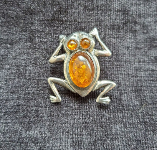 Jelly Bell Frog Pin/Brooch - Baltic Amber  Belly and Eyes Set in Silve  Vintage