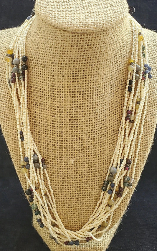 Bakelite Screw Clasp BOHO Seed Bead Necklace With mixed Gemstones 1930s Boho