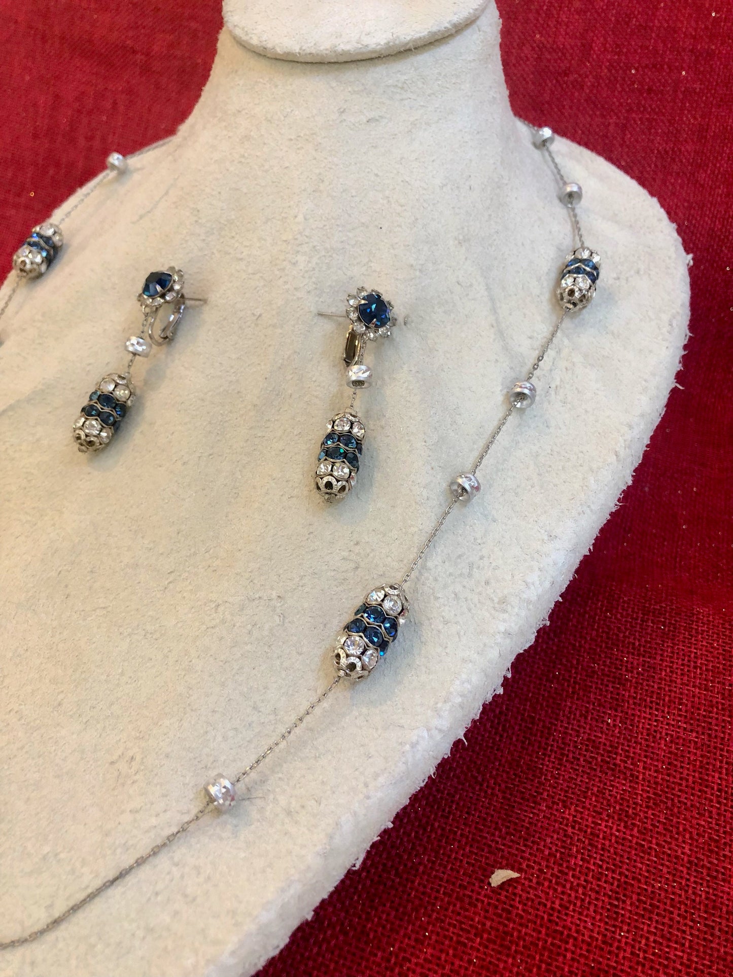 Alice Caviness Sapphire Crystal and Silver Roundels on Chain Necklaces with Dangling Earrings - Sold As A Set