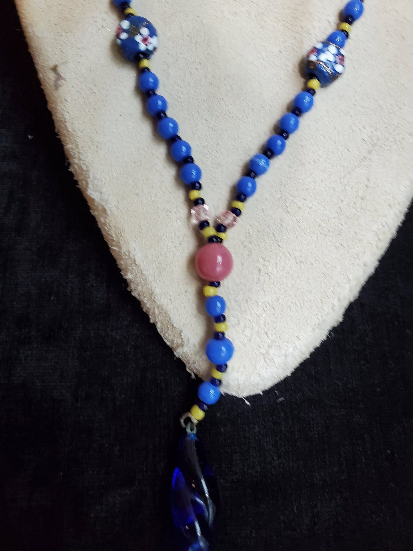 Blue Venetian Glass Long Beaded 1930s Necklace - Swing Necklace of Venetian Beads