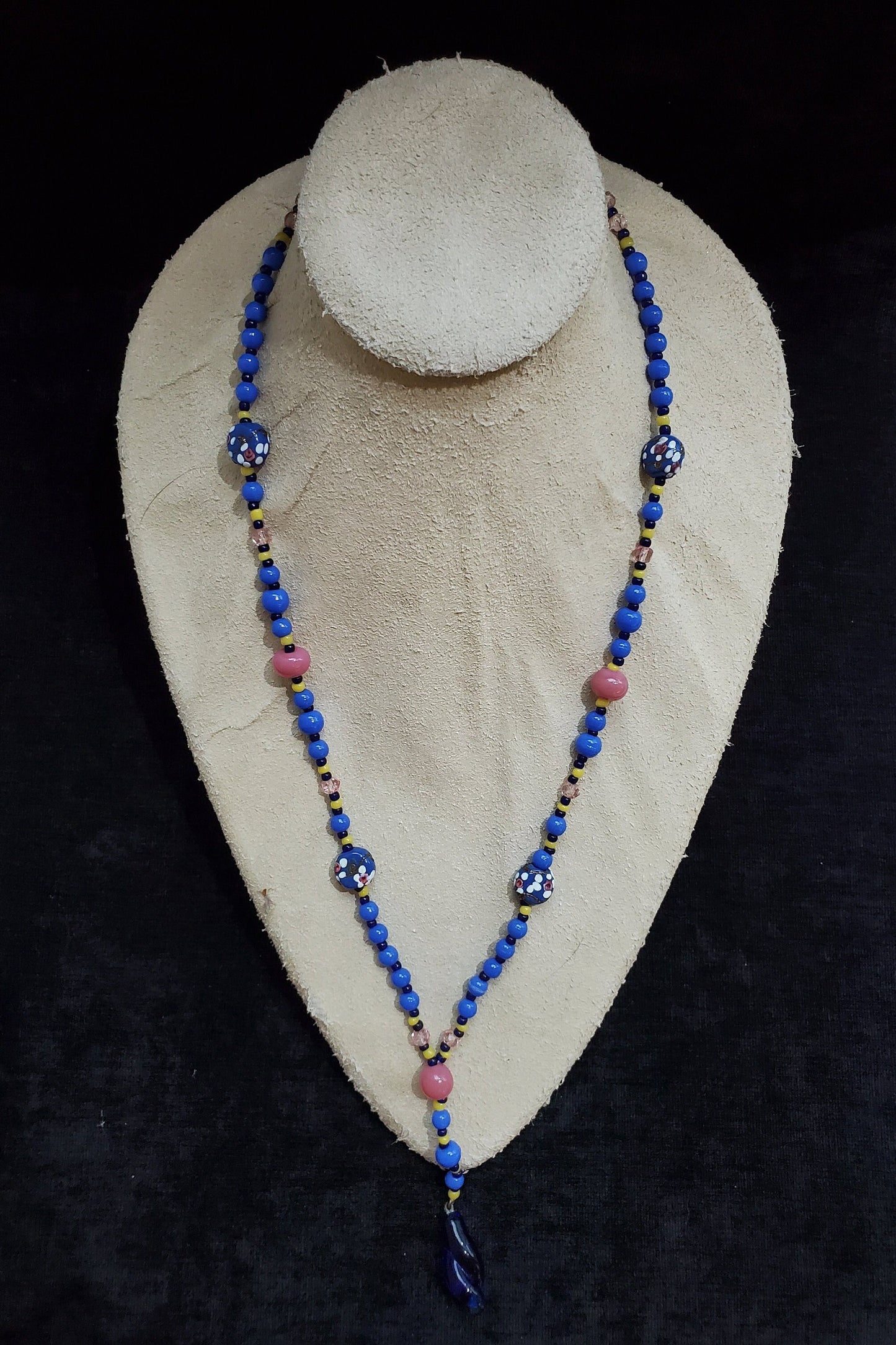 Blue Venetian Glass Long Beaded 1930s Necklace - Swing Necklace of Venetian Beads