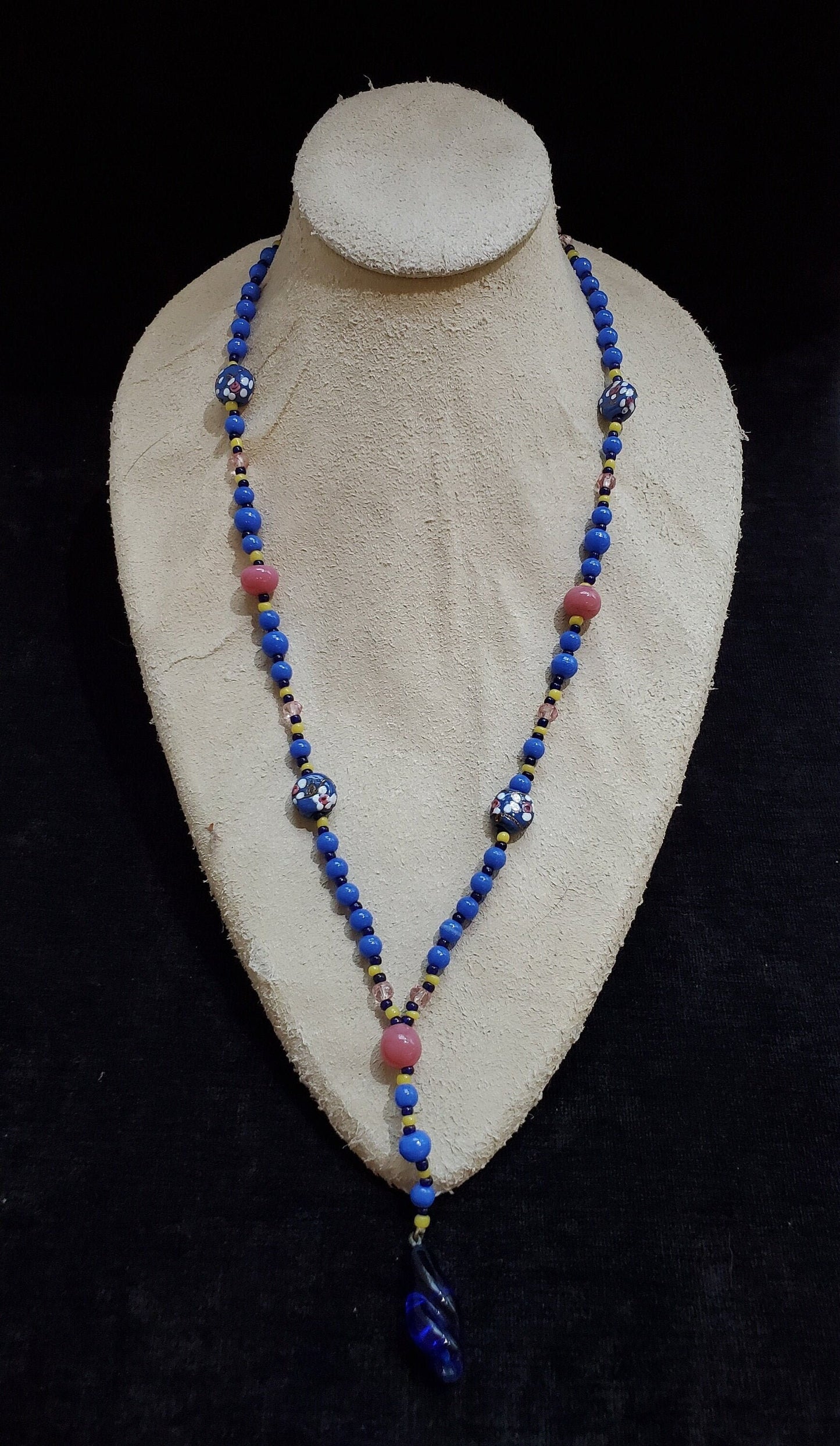 Blue Venetian Glass Long Beaded 1930s Necklace - Swing Necklace of Venetian Beads