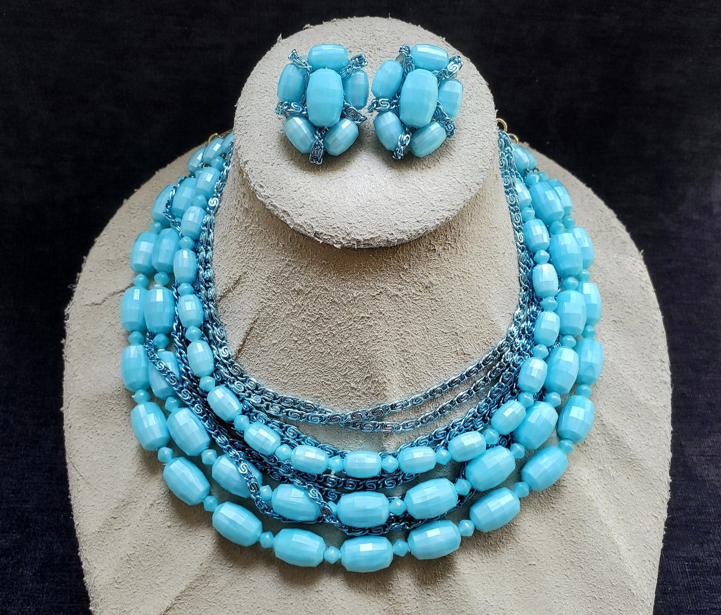 West Germany Blue Glass Beaded Set - 6 Strand Necklace and Matching Earrings