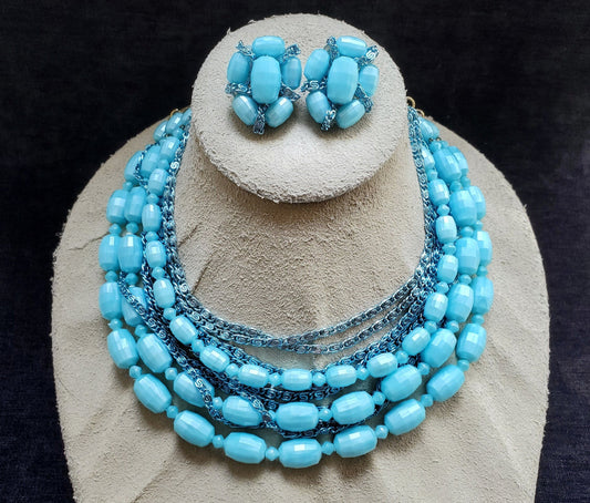 West Germany Blue Glass Beaded Set - 6 Strand Necklace and Matching Earrings
