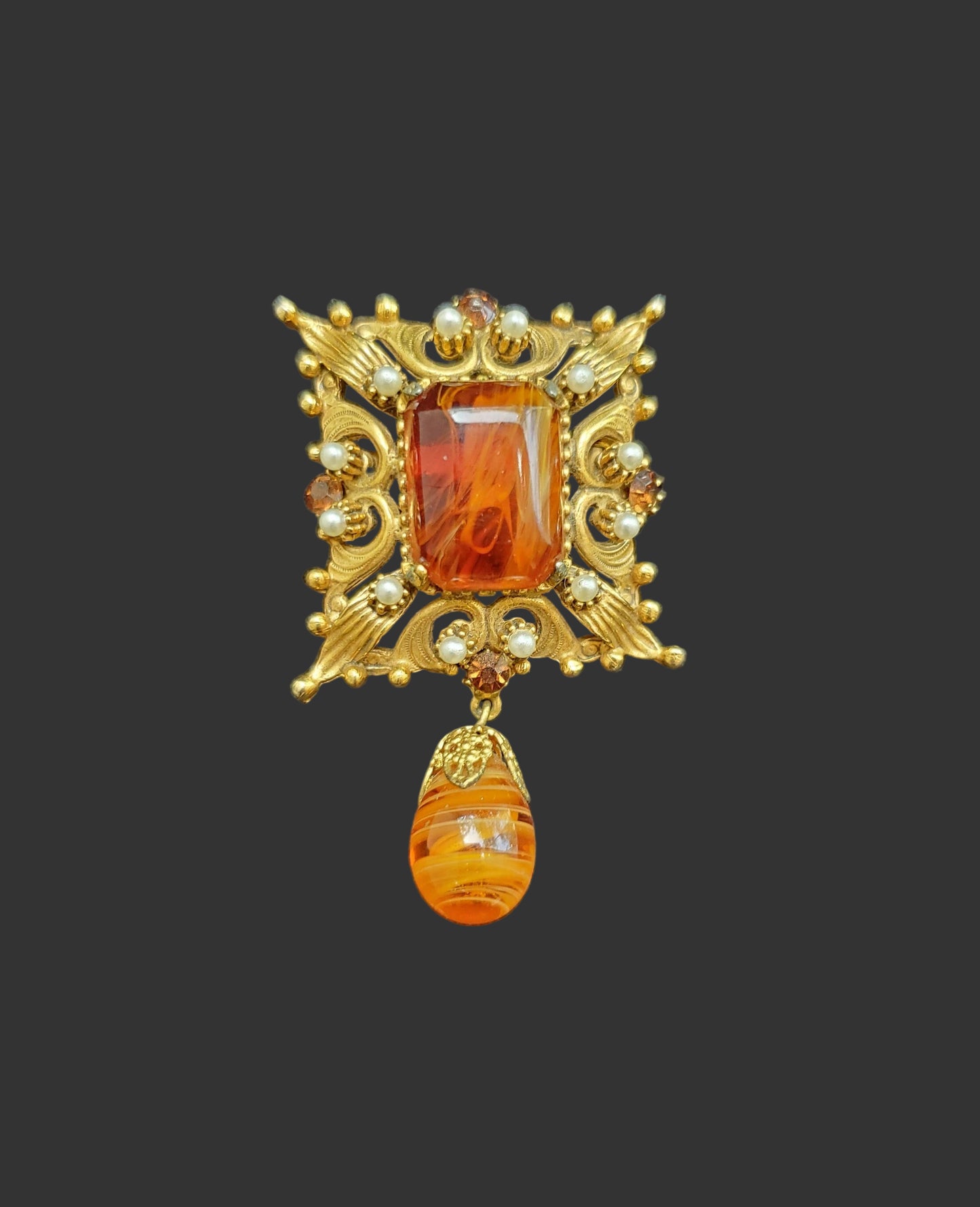 Florenza Fancy Square Brooch/Pin - Large Amber Lucite and Seed Pearl Brooch/Pin
