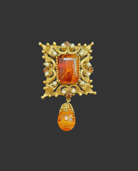 Florenza Fancy Square Brooch/Pin - Large Amber Lucite and Seed Pearl Brooch/Pin