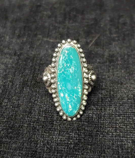Sterling Silver Ring with Oval Bezel Set Turquoise in Beaded Rim, Ladies Sterling Southwestern Style Ring, Ladies Size 5.5 - Mid century
