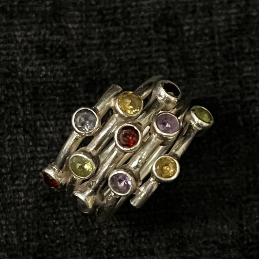 LAXMI 925 Silver Spiral Band Ring With 11 Separate Gemstone Settings- Size 7