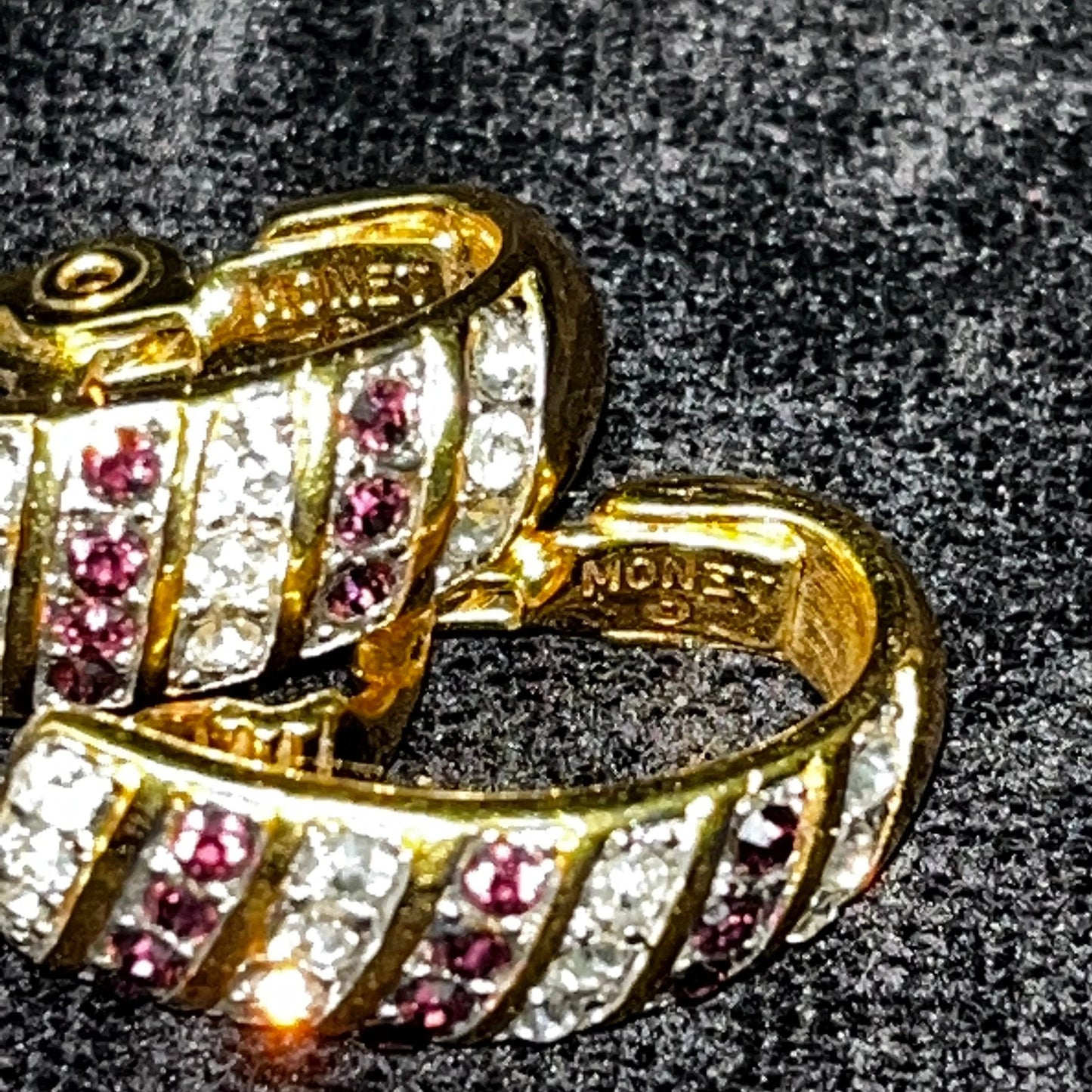 Monet Clip-On Earrings Gold With Crystal and Plum Rhinestone Settings