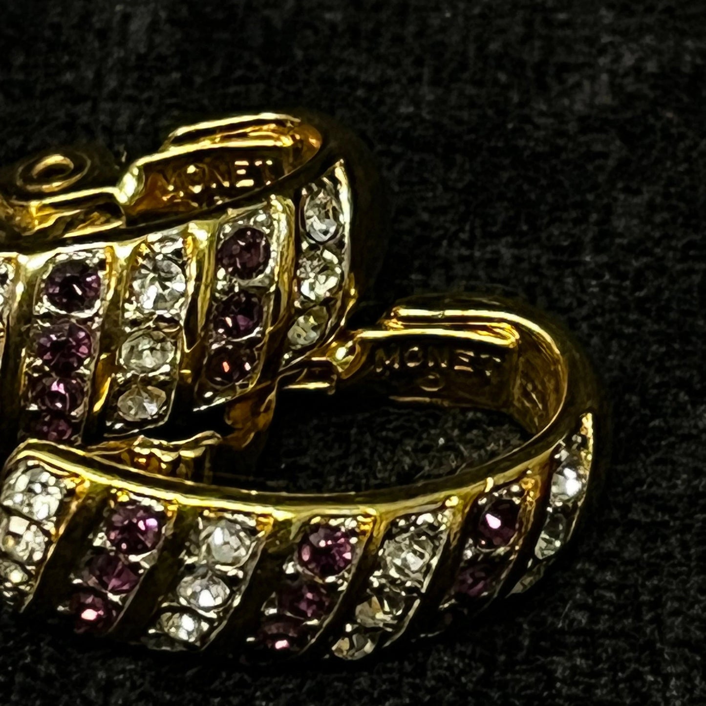 Monet Clip-On Earrings Gold With Crystal and Plum Rhinestone Settings