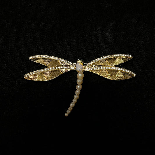 Carolee Gold Pearl Dragonfly With Austrian Crystal Edged Wings Brooch