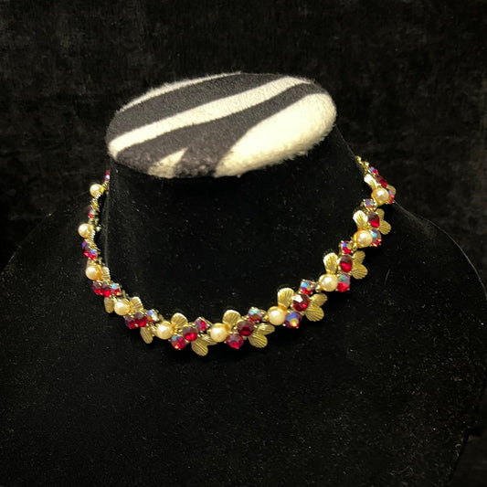 Choker Necklace with Ruby Red, Crimson Red Gems, Faux Pearl in Gold Seashells
